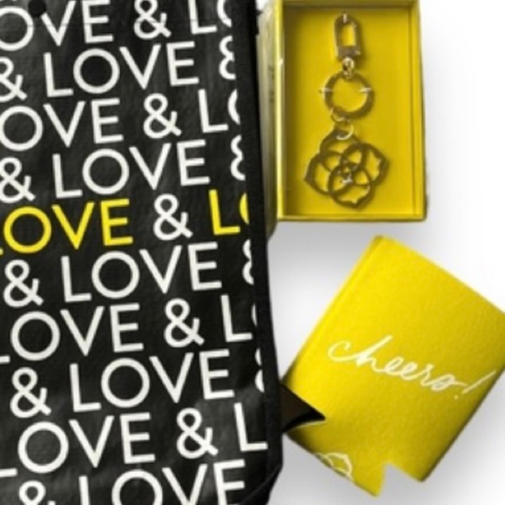 Kendra Scott Lot Dira Medallion Keychain, LOVE Shopping Bag, Cheers Beer Koozie